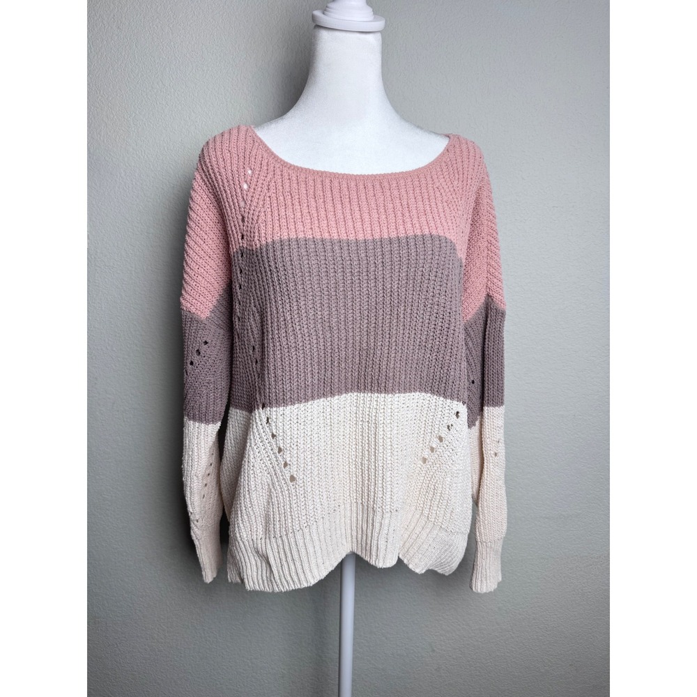 Maurices Women Pink Taupe Cream Colorblock Pointelle Knit Sweater Size Medium